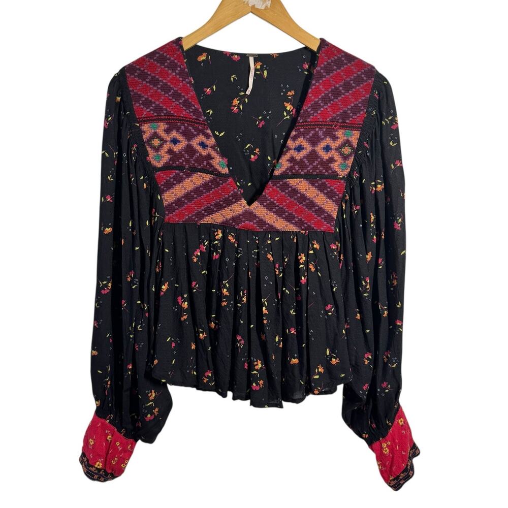 Free‎ People Lady Lou Embroidered Printed Blouse Women M Black Red Boho Aztec